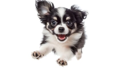 Happy dog or pet jumping and smiling isolated on white background. Cute adorable Chihuahua puppy is posing, playful funny crazy young dog on transparent. 