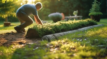 Person meticulously unrolls fresh strip of sod on prepared soil bed in their lush backyard. - obrazy, fototapety, plakaty