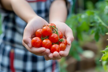 teenager showing off a handful of grape tomatoes - obrazy, fototapety, plakaty