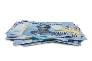 3D rendering of Stacks of Angolan Money 200 Kwanzas Banknotes