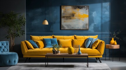 Blue Sofa with Yellow Throw Pillows