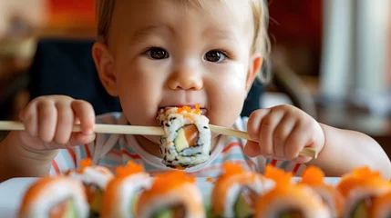 Fotobehang Infant eating sushi with sushi chopsticks © cherezoff