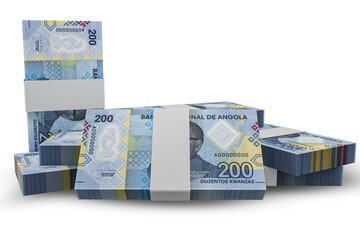 3D rendering of Stacks of Angolan Money 200 Kwanzas Banknotes