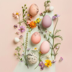 Creative layout made of Holiday Easter eggs and flowers. Flat lay. Nature Easter concept,HD stock photo