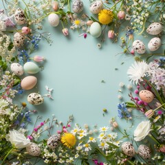 Naklejka na ściany i meble Creative layout made of Holiday Easter eggs and flowers. Flat lay. Nature Easter concept,copy space.