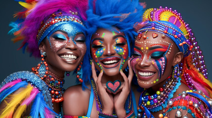 Three joyful women adorned with vibrant carnival makeup and costumes. Exuberant Carnival Queens with Sparkling Makeup and Beads
