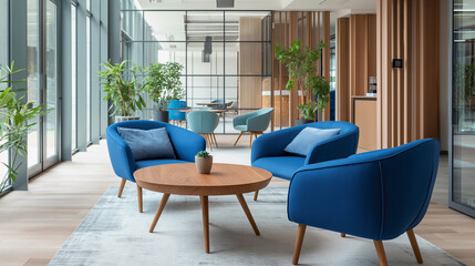Modern Lounge Elegance - Stylish Blue Armchairs and Wooden Decor in a Bright Office Space
