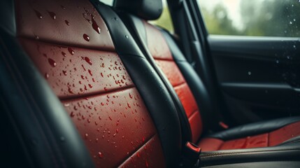 Interior of a Car With Water Droplets on the Seats - obrazy, fototapety, plakaty