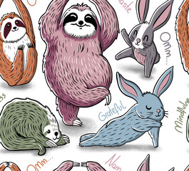 Cute cartoon yoga lover animals. Sloths and rabbits seamless pattern  illustration