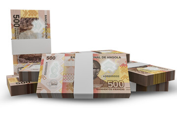 3D rendering of Stacks of Angolan Money 500 Kwanzas Banknotes