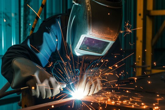 welder with helmet and gauntlet gloves, sparks flying from welding torch