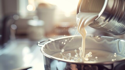 Pouring Evaporated Milk into Cooking Pot

