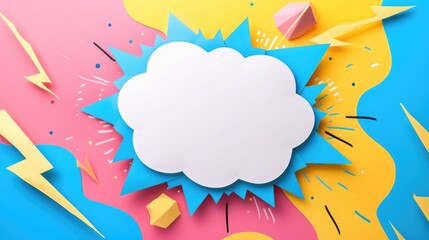 White comic speech bubble on pink, blue and yellow background with lightning. Handmade paper cutout...