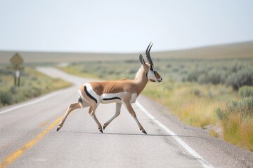 pronghorn antelope crossing a remote western us road - obrazy, fototapety, plakaty