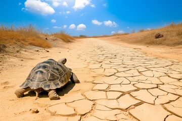 tortoise slowly crossing a sandy path in a dry climate - obrazy, fototapety, plakaty