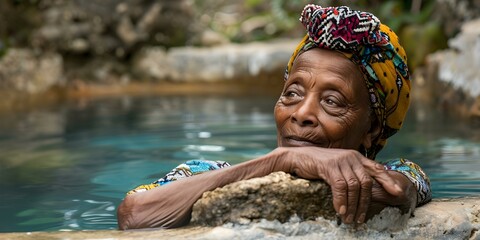 Elderly African woman enjoys a soothing soak in a hot spring. Concept Wellness for Seniors, Spa Retreat, Hot Spring Therapy, Rejuvenating Soak