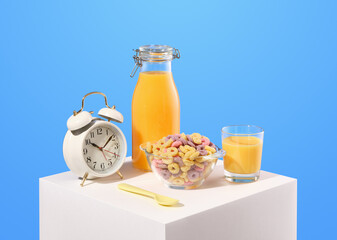 Dry delicious breakfast, juice and backpack. Breakfast time.