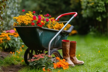 a wheelbarrow on the lawn with flowers, tools, and boots, in the style of yellow and red, light emerald and red, bold and busy, environmental, group material, grandiose color schemes