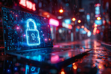 In the rainy city night, a building's neon light reflects onto a locked laptop, a symbol of modern security and isolation - obrazy, fototapety, plakaty
