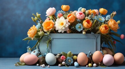 Obraz premium Easter floral arrangement on blue banner, copy space. Easter greeting banner