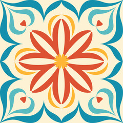 Mexican floral tile in red, yellow, and green colors. Openwork traditional style ceramic tiles. Ceramic tiles in a classic design feature intricate floral and leaf motifs. Colorful Mediterranean.