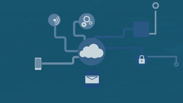 Animation of central cloud icon and digital media network on blue background
