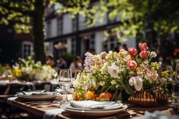 Wooden Table With Vase Filled With Flowers - obrazy, fototapety, plakaty