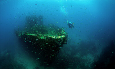 a diver diving a shipwreck on a caribbean island