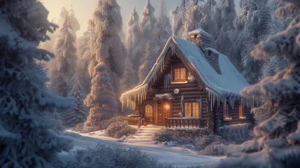 Rolgordijnen A cozy wooden cabin nestled in a snowy forest © UMAR SALAM