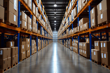 View of a warehouse with neatly lined shelves filled with cardboard boxes. Organized and systematic storage of products ready for shipment. efficient inventory management. Logistics, cargo storage