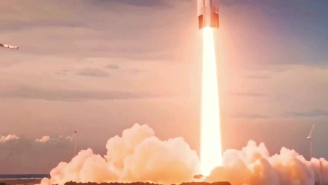 rocket launch, taking off from ground with fumes and smoke