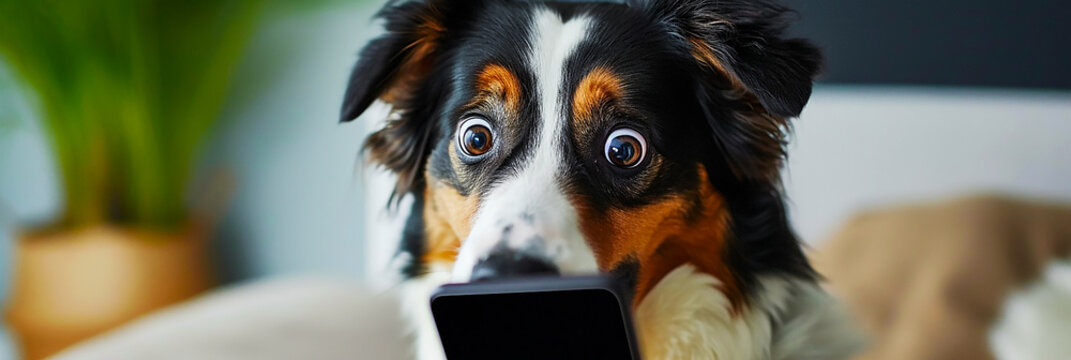 Image of a dog making a surprised face at a cell phone screen.