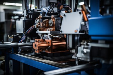 A Detailed View of a Heat Press Machine in an Industrial Setting with a Background of Metallic Structures and Piping Systems