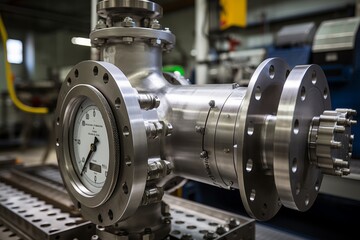 Fototapeta premium A detailed view of an orifice plate, a crucial component in the flow measurement process, installed in a pipeline at an industrial plant