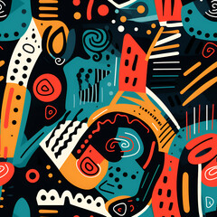 Ethnic and tribal motifs color seamless ornament. Colored shapes and lines on background. Illustration for different purposes