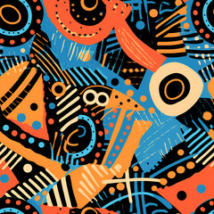 Ethnic and tribal motifs different color seamless ornament. Colored shapes and lines on white background. Print in the unique style