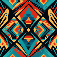 Ethnic and tribal motifs color seamless ornament. Colored shapes and lines on background. Jridginal print for different design