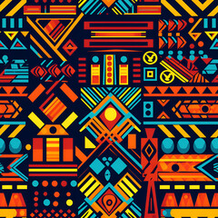 Ethnic and tribal motifs bright color seamless ornament. Colored shapes and lines on background. Print in the bohemian style