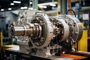 Fototapeta premium A close-up view of a powerful motor drive, surrounded by intricate industrial machinery, set against the backdrop of a bustling factory floor