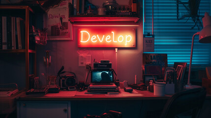 A darkroom with a neon "Develop" sign