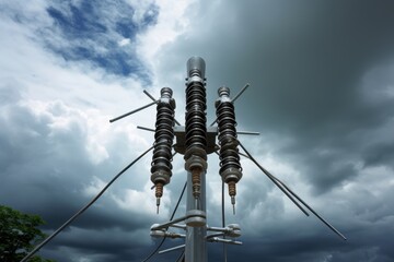 A Detailed View of a Lightning Arrester Installed on an Industrial Building, Against a Cloudy Sky with Electrical Wires and Towers in the Background