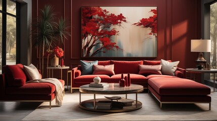 Chic Crimson and Gold Living Room
