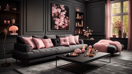 Chic Charcoal and Pink Living Room