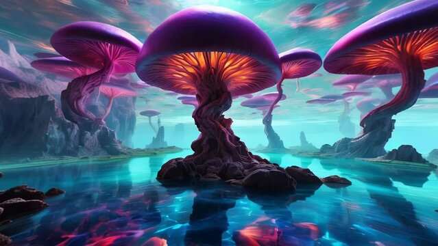 Mushroom fantasy landscape alien shrooms zoom in