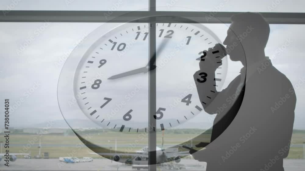 Poster animation of clock with fast moving hands over caucasian businessman using smartphone at airport