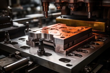 Close-up view of a meticulously crafted metal stamping die against the backdrop of a bustling industrial workshop