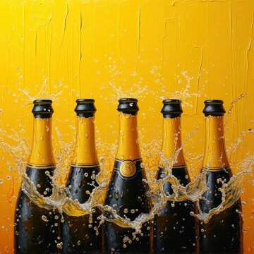 Pop color closeup of people pouring champagne with splashes against vibrant yellow background