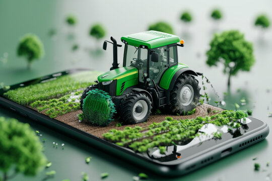 An agricultural tractor stands on a smartphone around a plant. The concept of agricultural management. 3d illustration