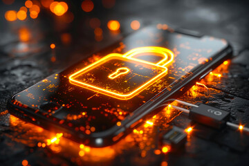 A phone's amber screen illuminates the heat of the night, its lock keeping secrets hidden