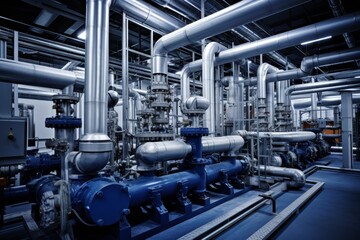 An intricate decarburization system in a large industrial setting, with a maze of pipes and valves against a backdrop of steel structures and machinery - obrazy, fototapety, plakaty